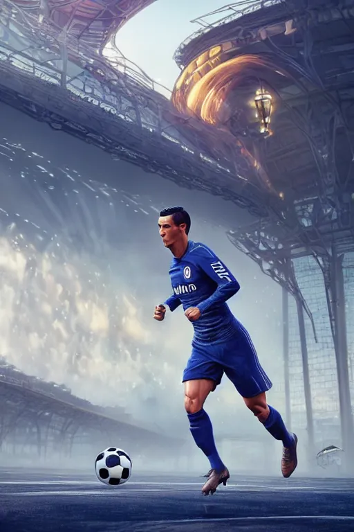 Image similar to pixar man cristiano ronaldo running from a soccer field | glamorous oily soft polished rich ornate modern | weta disney pixar movie still photo | hi - fructose, sci fi fantasy, smooth, octane render, sharp focus, artstation, concept art | artgerm, mucha, rutkowski, feng zhu, wlop, loish