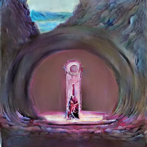 Prompt: african moors in white robes building a steampunk portal near a pink lake by zdislaw beksinski and thomas blackshear and alex grey, oil on canvas, 8k