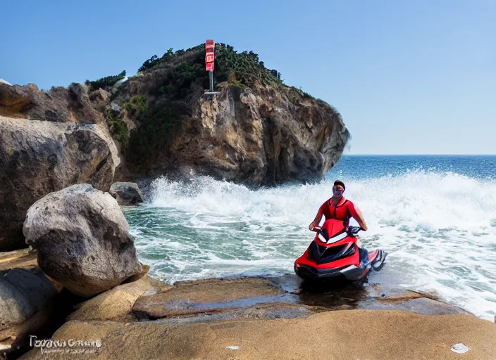 Image similar to angry fat lifeguard with a beard on jet ski yelling at people on the rocks at the thousand steps sea cave in laguna beach 2 0 1 3 summer