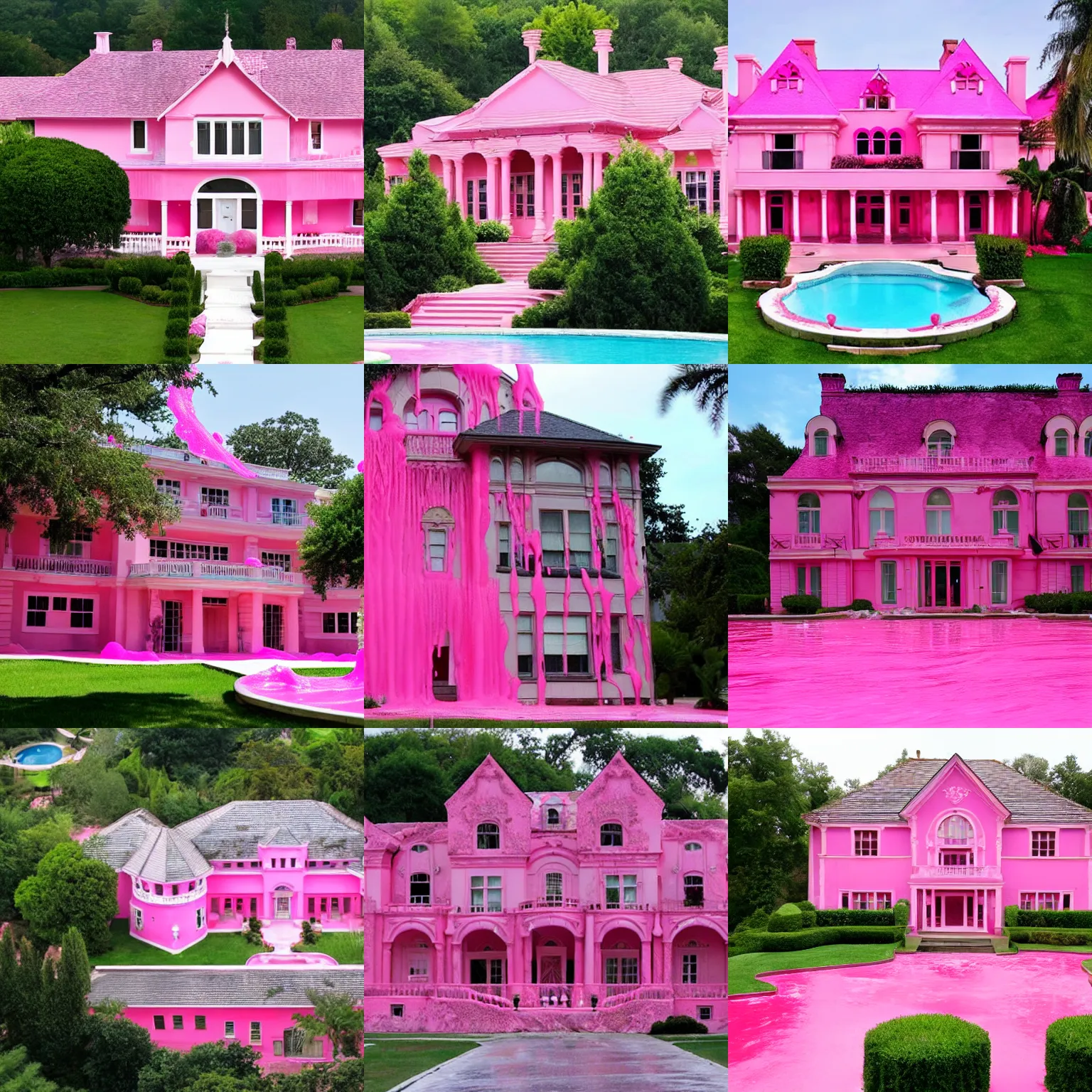 Prompt: a mansion covered in thick pink dripping goo