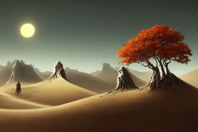 Image similar to cinematic fantasy landscape painting, an eclipse, over an autumn maple bonsai growing alone on a desolate sand dune in front of a primordial mountainous desert landscape of bones by hr giger and jessica rossier