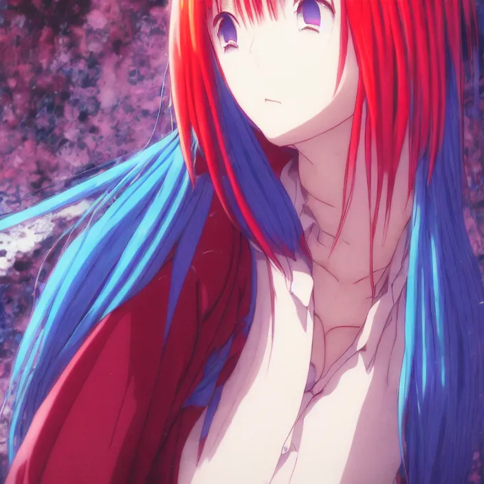 Image similar to mamimi samejima, psychedelic background, female anime character, Close up Iwakura Lain, lain, lain iwakura, Albedo from overlord, Luminism Romanticism by John William Waterhouse Beksinski Finnian MacManus Ruan Jia, cute anime girl with blue hair and red eyes, vtuber, lain iwakura, Hi-Fructose, Artstation, HD, HDR, High Resolution, 1024x1024