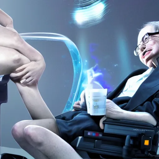 Image similar to stephen hawking gets a lap dance from a cyborg elon musk, fantasy concept art 8 k hyper realistic