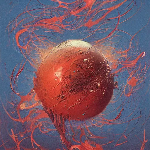 Image similar to a sphere being devoured by abstract splatters of paint in the style of francis bacon, venus being engulfed in flames in the style of james jean, surreal, beksinski, high detailed