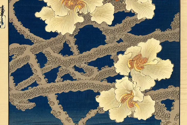 Image similar to a beautiful and hyperdetailed ukiyo - e drawing of tangled irises by katsushika hokusai, in style by utagawa kuniyoshi and utagawa hiroshige, japanese print art, intricate, elegant, fine, complex, chinese drawings 4 k