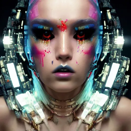 Image similar to A masterpiece portrait of a Incredibly beautiful half slightly damaged crying robot-synth girl Combat amazing makeup. tribal fashion. Cyberpunk. First sparkles. Vogue. trending on artstation, digital art, by Stanley Artgerm Lau, WLOP, Rossdraws, James Jean, Andrei Riabovitchev, Marc Simonetti, Yoshitaka Amano