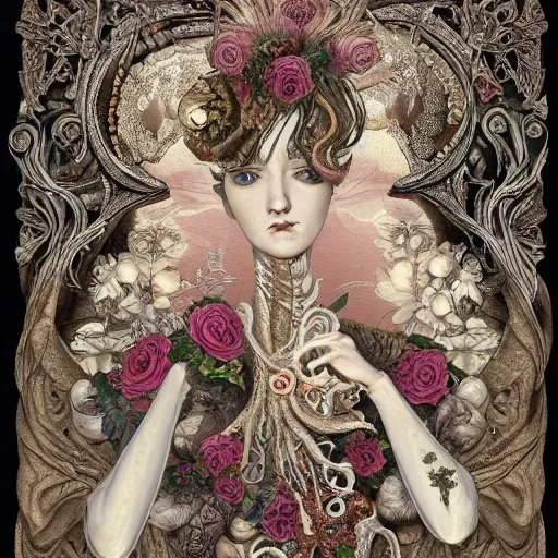 Image similar to a beautiful detailed front view baroque portrait of a rotten woman corpse with fractal plants and fractal flowers and mushrooms growing around, intricate, symmetrical, ornate, ornamentation, bones, in the style of art nouveau