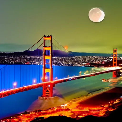 Prompt: aphoto of Golden Gate bridge at night full moon city lights background