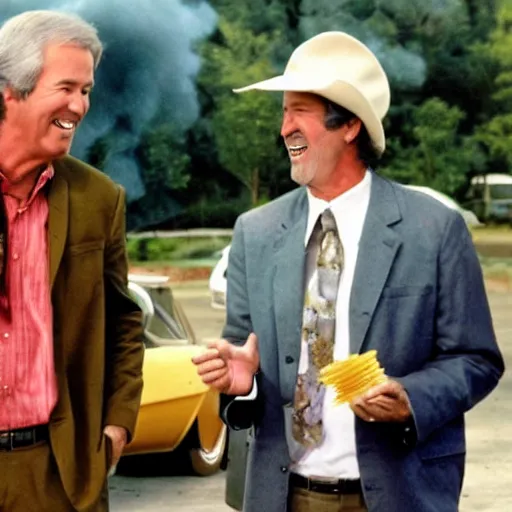 Image similar to kevin tighe with randy mantooth, laughing as they set a car on fire