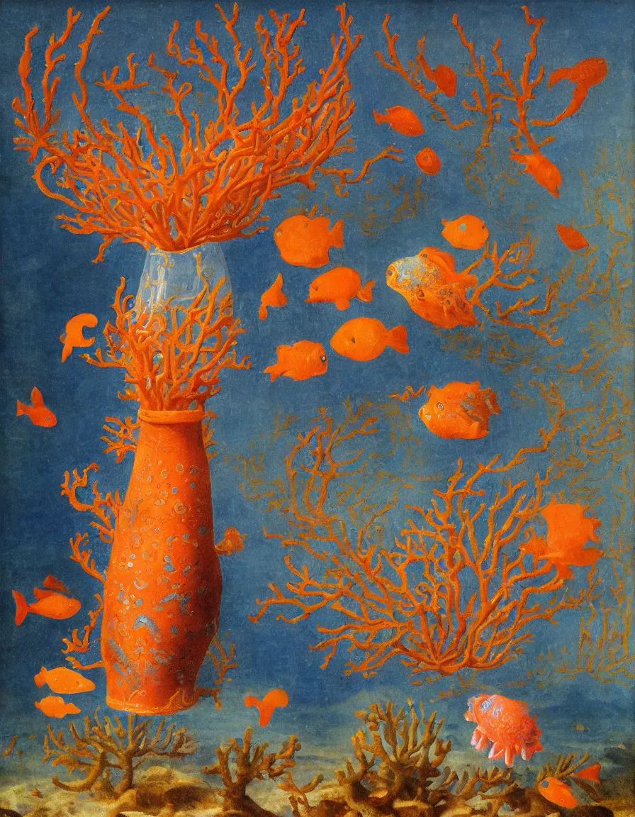 Image similar to bottle vase of coral under the sea and in the sky decorated with a dense field of stylized scrolls that have opaque outlines enclosing mottled blue washes, with orange shells and purple fishes, ambrosius benson, oil on canvas, hyperrealism, around the edges there are no objects