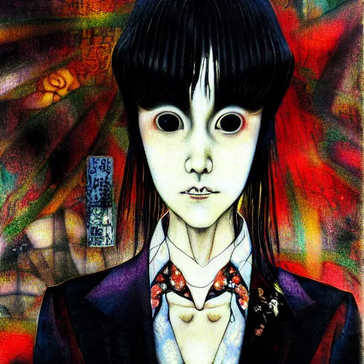 Prompt: yoshitaka amano blurred and dreamy realistic three quarter angle portrait of a woman with weird makeup and black eyes wearing dress suit with tie, junji ito abstract patterns in the background, satoshi kon anime, noisy film grain effect, highly detailed, renaissance oil painting, weird portrait angle, blurred lost edges