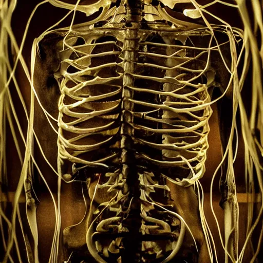 Prompt: anatomical human skeleton draped in silk, tentacles, wires flowing in the air. beams of light, dark ambiance, cinematic, photo - realistic, ultra detail