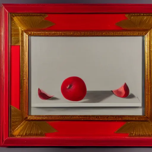 Prompt: a monochromatic nature morte painting in a bright red frame