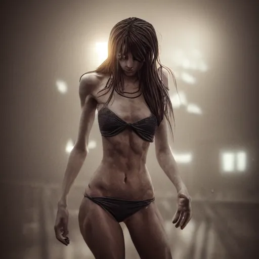 Image similar to full body pose, hyperrealistic photograph of emaciated starving bikini model, dim volumetric lighting, 8 k, octane beautifully detailed render, extremely hyper detailed, intricate, epic composition, cinematic lighting, masterpiece, trending on artstation, very very detailed, stunning, hdr, smooth, sharp focus, high resolution, award, winning photo, dslr, 5 0 mm
