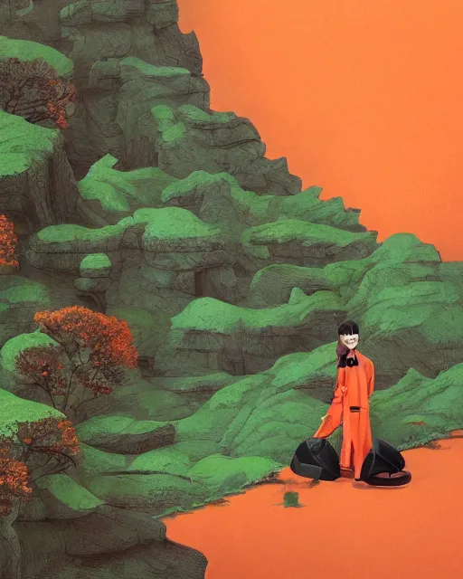 Image similar to portrait of alone androgynous girl wearing long orange vintage leather coat and wearing giant modular synthesizer 8 0 s sony stereo helmet and backpack. bakelite cliffs, moss green japanese forest background, ultrafine hyperdetailed illustration by hsiao - ron cheng and artgerm, the grand budapest hotel, glow, no crop, digital art, artstation, pop art