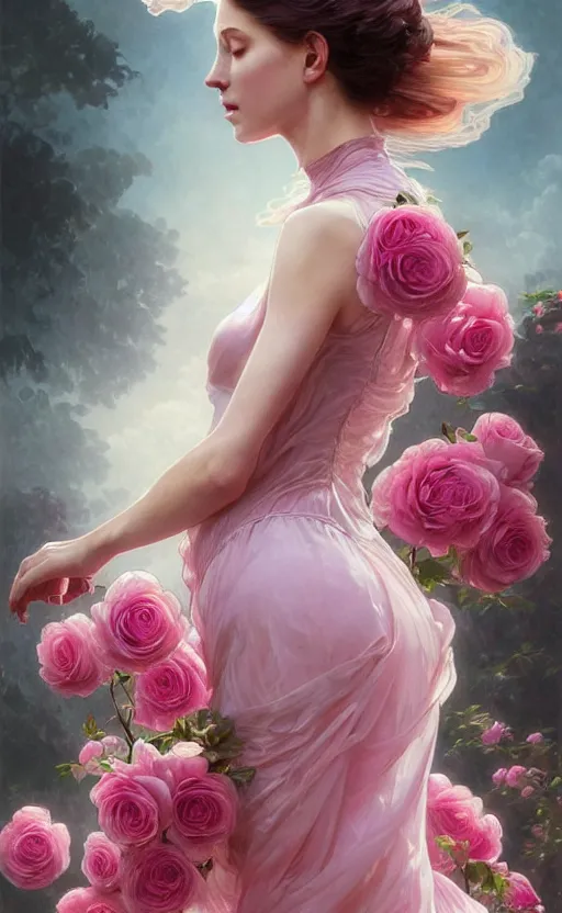 Image similar to !!beautiful!! woman dressed in a vaporous wrapped large victorian pink roses silk semi-transparent dress fashion is running, fantasy, intricate, elegant, highly detailed, digital painting, trending on artstation, concept art, matte, sharp focus, illustration, art by Artgerm and Greg Rutkowski and Alphonse Mucha