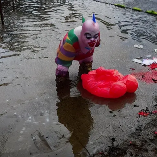Prompt: horror photograph of clown from it trying to crawl out of a flooded sewer drain with trash and debris floating in dirty water, red balloon floats away in the sky, stephen king movie scene