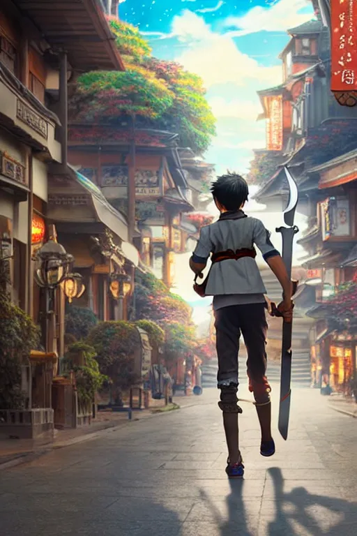 Image similar to ultra detailed keyart of sci - fy movie, a boy carrying a sword in his back is riding a simple bycycle in the main street of isekai shinjuku