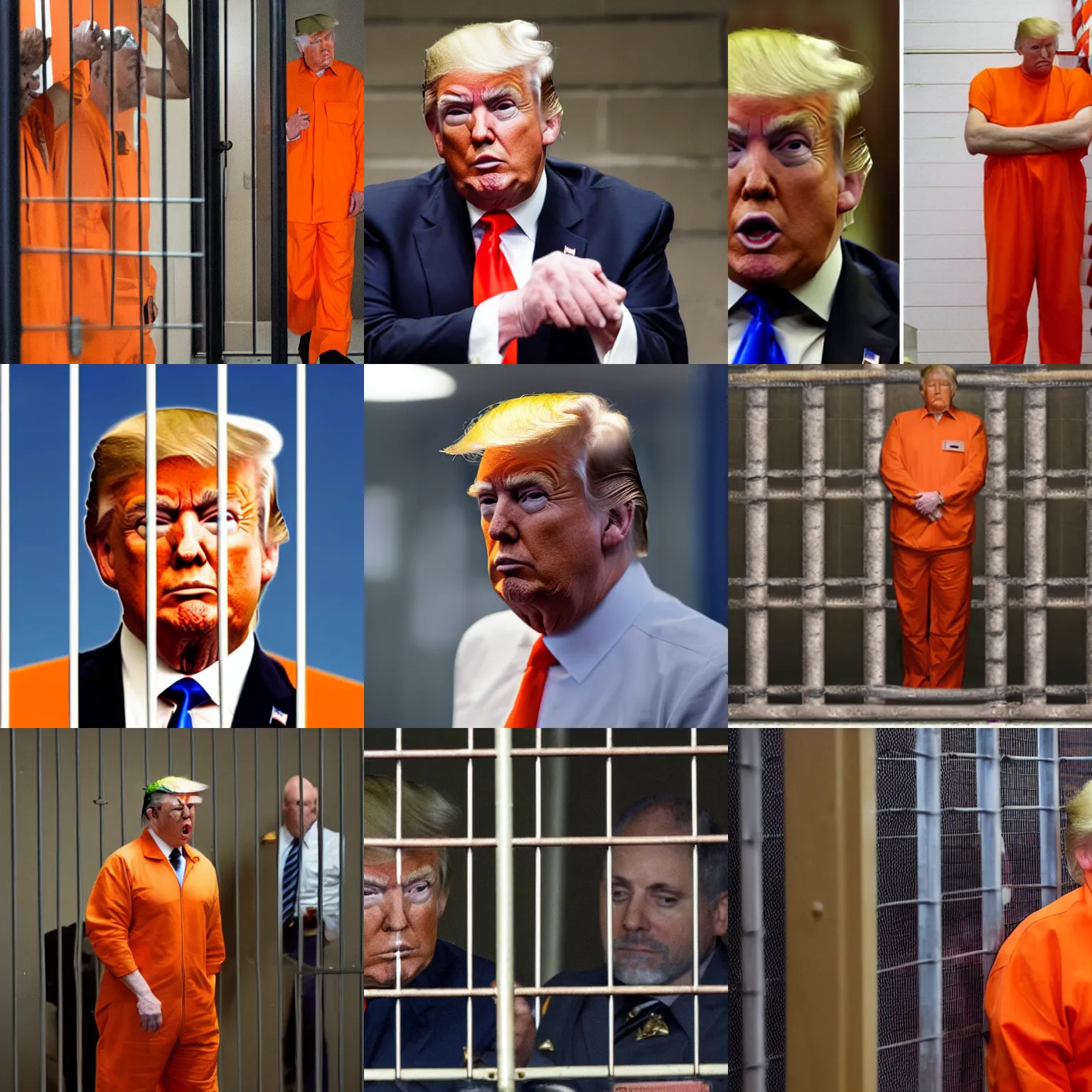 Prompt: donald trump in prison, behind bars, wearing an orange jumpsuit