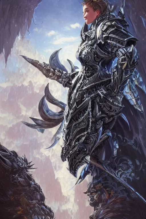 Image similar to Fantasy knight wearing an intricate azure wolf themed full plated armor, moonlit, HD, illustration, epic, D&D, fantasy, intricate, elegant, highly detailed, digital painting, artstation, concept art, smooth, sharp focus, illustration, art by artgerm and greg rutkowski and alphonse mucha, monster hunter illustrations art book