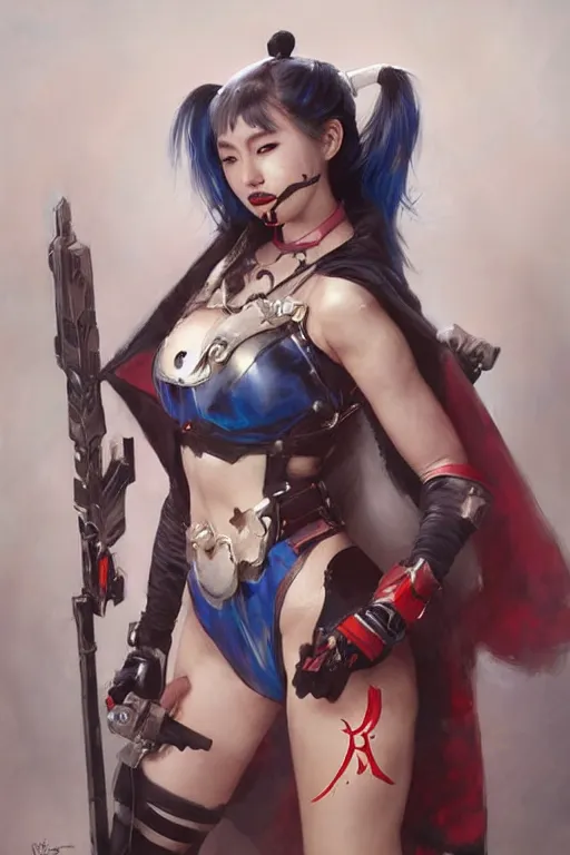 Image similar to portrait of korean Harley Quinn in bikini armor, dc comics, cyberpunk, Warhammer 40000, dark fantasy, digital art from artstation by Ruan Jia and Mandy Jurgens and Artgerm and william-adolphe bouguereau