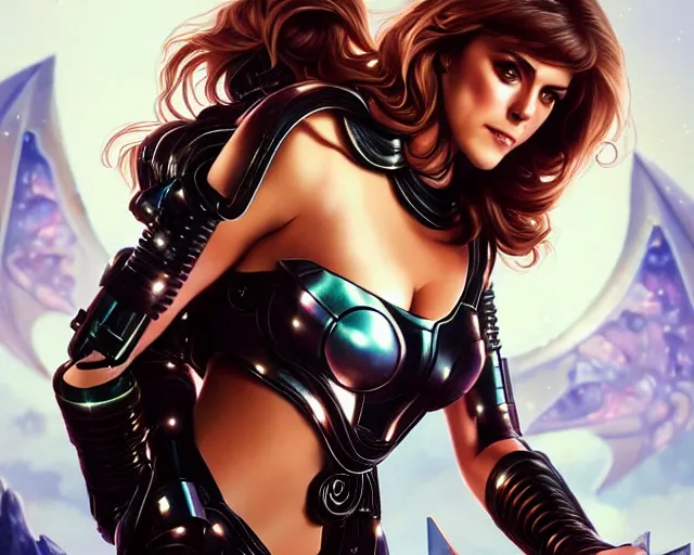 Image similar to young elizabeth hurley as a gorgeous but deadly cyborg terminator, photography of kurzgesagt, deep focus, d & d, fantasy, intricate, elegant, highly detailed, digital painting, artstation, concept art, matte, sharp focus, illustration, hearthstone, art by artgerm and greg rutkowski and alphonse mucha