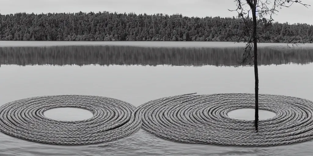 Prompt: centered photograph of a long rope zig zagging snaking across the surface of the water into the distance, floating submerged rope stretching out towards the center of the lake, a dark lake on a cloudy day, color film, trees in the background, hyper - detailed photo, anamorphic lens
