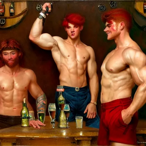Image similar to attractive muscular male with red hair and attractive muscular male with black hair. pants and shorts, drinking their hearts out, having fun, in a pub. highly detailed and very defined painting by gaston bussiere, j. c. leyendecker, craig mullins 8 k