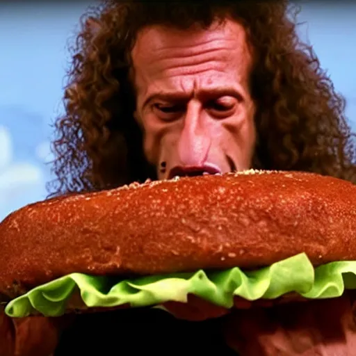 Image similar to kenny g unhinging his jaw to eat a gigantic burger, epic, cinematic, realism, ultra detailed, 8 k, film still