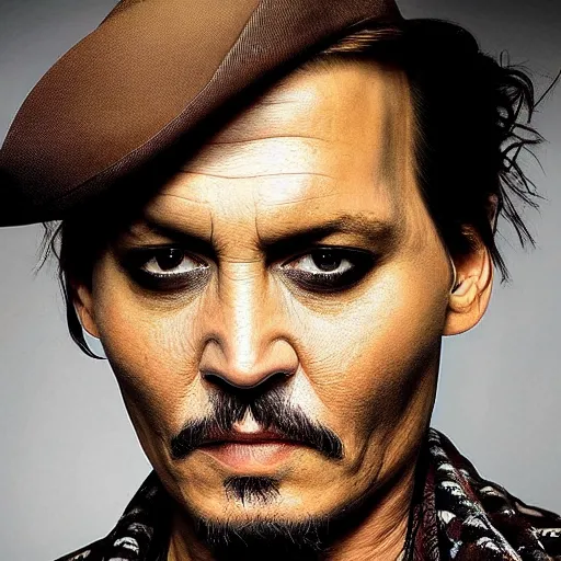 Image similar to face mash of johnny depp and ana de armas in the style of annie liebowitz portrait