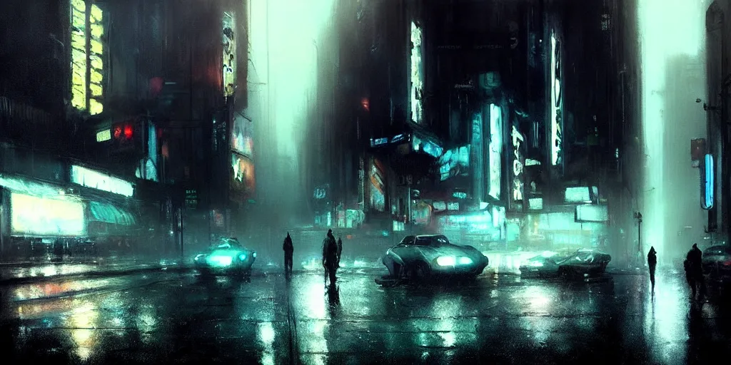 Image similar to beautiful painting by jeremy mann, cyberpunk street, neon signs, still from blade runner movie, desaturated, oil painting, perfect composition, detailed octane render trending on artstation, misty, ominous, unsettling, 8 k artistic photography, volumetric cinematic perfect light, wlop, artgerm, greg rutkowski