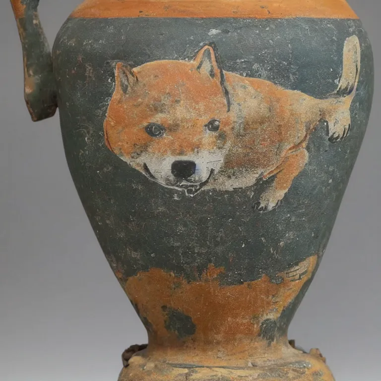 Image similar to ancient greek urn painted with a shiba inu god, good condition, well preserved archeological find