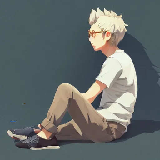 Image similar to young man with short, ash blond greyish hair, light brown eyes, casual clothes, relaxing, happy, path traced, highly detailed, high quality, digital painting, by studio ghibli and sylvain sarrailh, beautiful details