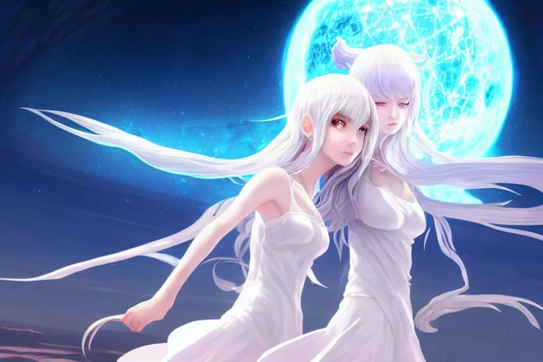 Prompt: white dressed summoner girl fighting against outer gods with their creatures. floating planets on the background, box office hit, fantasy and cosmic horror movie, unreal engine, intricate, highly detailed 8 k, ambient occlusion, extremely beautiful and aesthetic shape of face and body, art by hiroaki samura and ilya kuvshinov and rossdraws