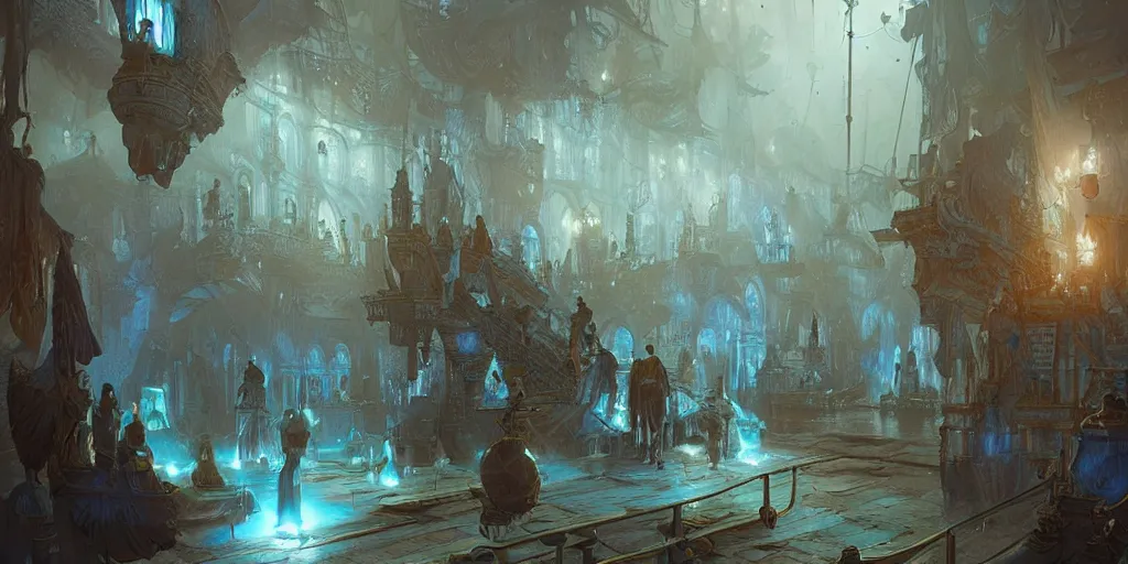 Image similar to bright blue light D&D floating ghosts specters spirits inside ship lower deck, intricate, fantasy magic, highly detailed, digital painting, artstation, smooth, sharp focus, great composition, illustration, art by Greg Rutkowski, trending on artstation