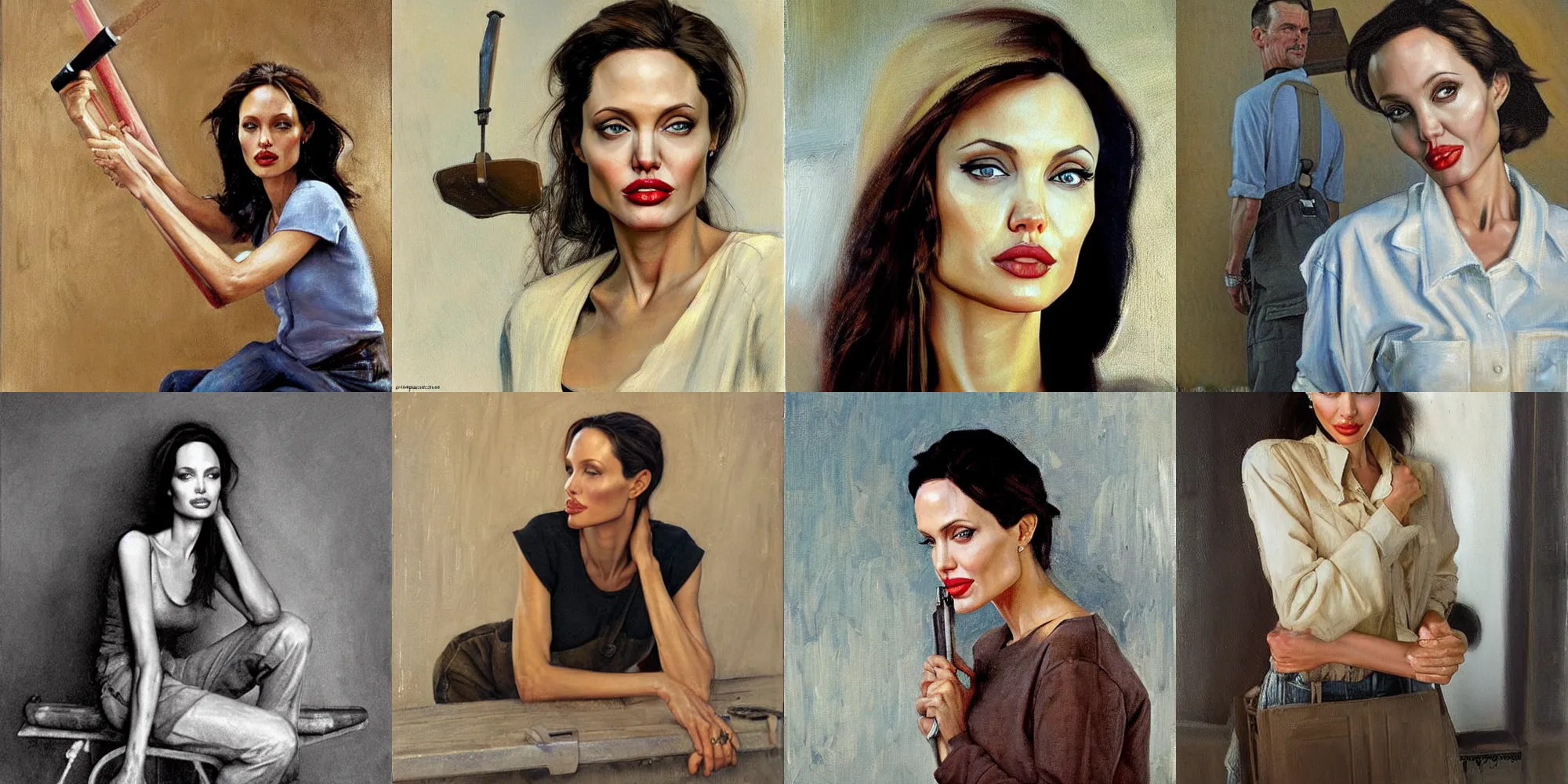 Prompt: painting of angelina jolie as worker by alexander nikolayevich samokhvalov ну или norman percevel rockwell from 1 9 3 0