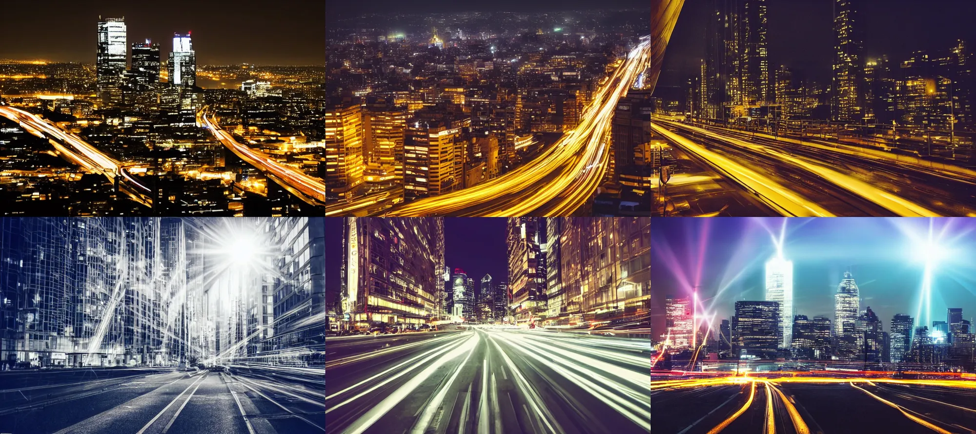 Prompt: travelling at the speed of the light through the city, high buildings, city lights, night