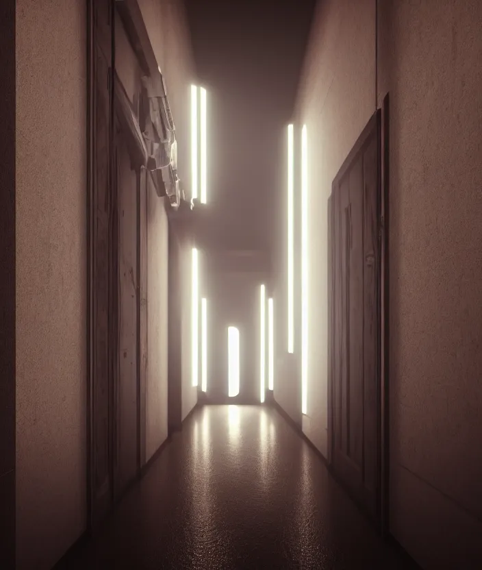 Image similar to a dark long hallway, at the end there is a mysterious door with a neonsign in the style of rhads, xf iq 4, f / 1. 4, iso 2 0 0, 1 / 1 6 0 s, 8 k, raw, featured in artstation, octane render, cinematic, elegant, intricate, 8 k,