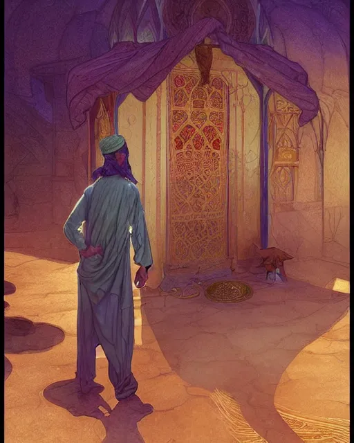 Image similar to male bedouin in the desert worshipping in the mosque, highly detailed, gold filigree, romantic storybook fantasy, soft cinematic lighting, award, disney concept art watercolor illustration by mandy jurgens and alphonse mucha and alena aenami, pastel color palette, featured on artstation