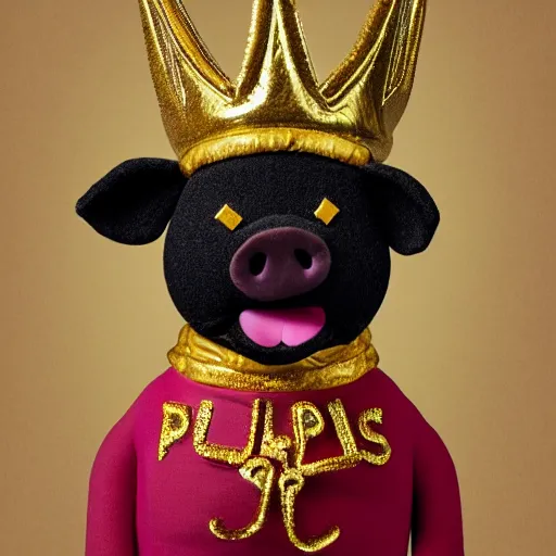 Image similar to studio photograph of a happy pig wearing a gold crown depicted as a muppet standing full body