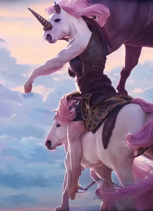 Prompt: ariana grande riding a unicorn, cinematic shot, 8 k, art by artgerm and greg rutkowski and alphonse mucha, movie screenshot