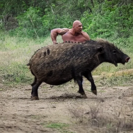 Prompt: dwayne the rock johnson riding a wild boar