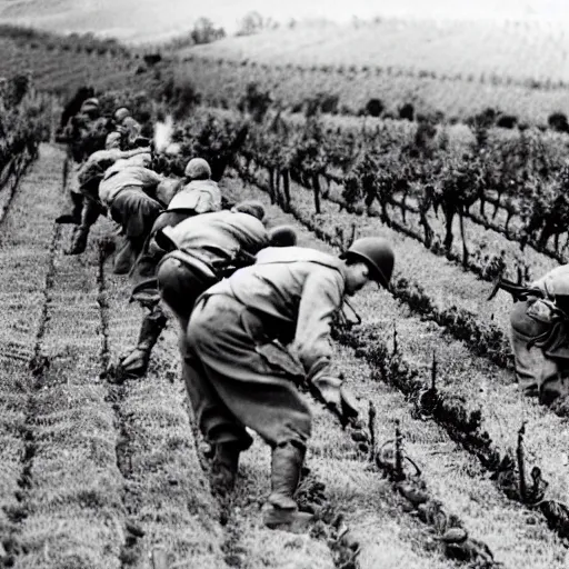 Prompt: the attack on the Italian vineyard 1940, Realistic, the battle in the vineyard, Black and White world war footage