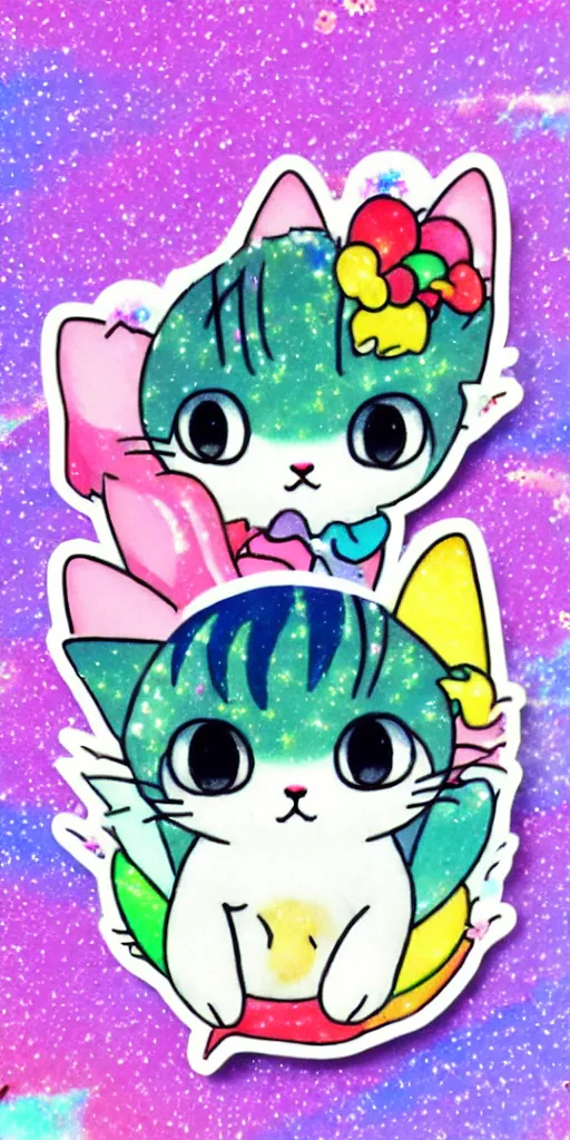 Image similar to a tiny cute kitten sleeping, puffy sticker, glitter sticker, kawaii by studio ghibli, by lisa frank 8 k pastel colours, isometric, smeared watercolours,