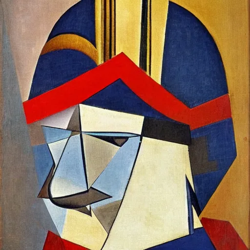 Image similar to a cubism painting of a cat dressed as French emperor Napoleon