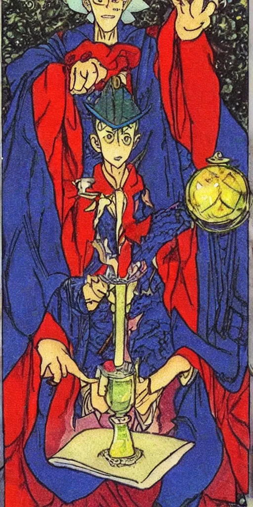 Prompt: a mystical man with a goblet on the table, wizard hat, drawn by Naoko Takeuchi, tarot card. tarot card the magician
