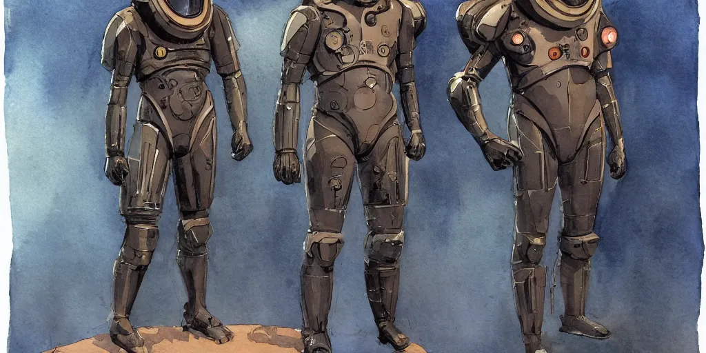 Image similar to male, full body, modern space suit, intriguing helmet, very stylized character design, the expanse tv series, large shoulders, short torso, long thin legs, tiny feet, science fiction, hyperdetailed, technical suit, dieselpunk, watercolor digital painting, in the style of mike mignola, by alex maleev, in the style of jean giraud