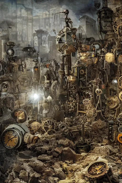 Image similar to a steampunk landscape with a pile of rubble and valves and clocks, with a corner wall with a window and the light shining through