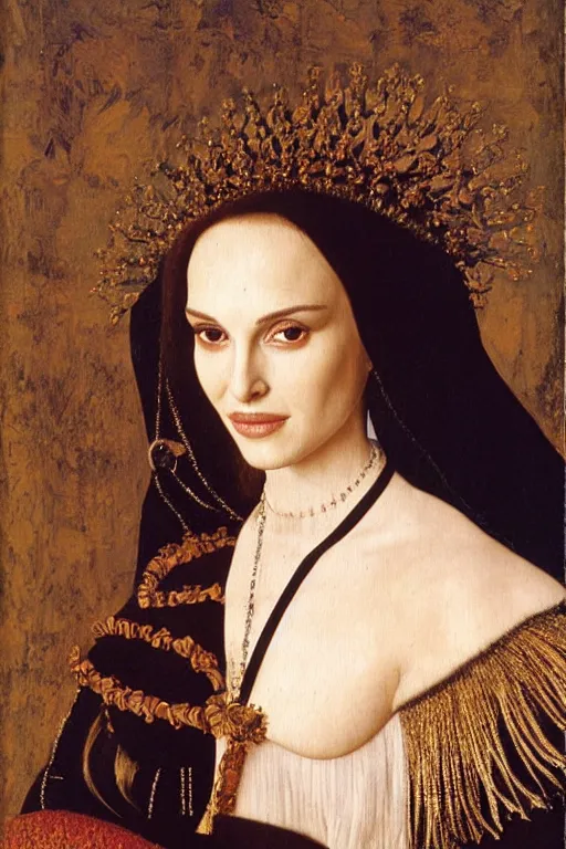 Prompt: portrait of very young natalie portman by jan van eyck