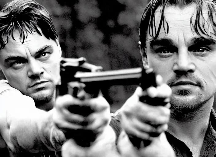 Prompt: an action scene from the movie scarface, medium long shot, filmed in the dark woods, a cabin in the background, leonardo dicaprio and daniel day - lewis, sharp eyes, serious expressions, detailed and symmetric faces, black and white, cinematic, epic,